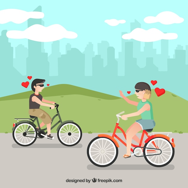 Vector gratuito pareja divertida en bicicleta con diseño plano