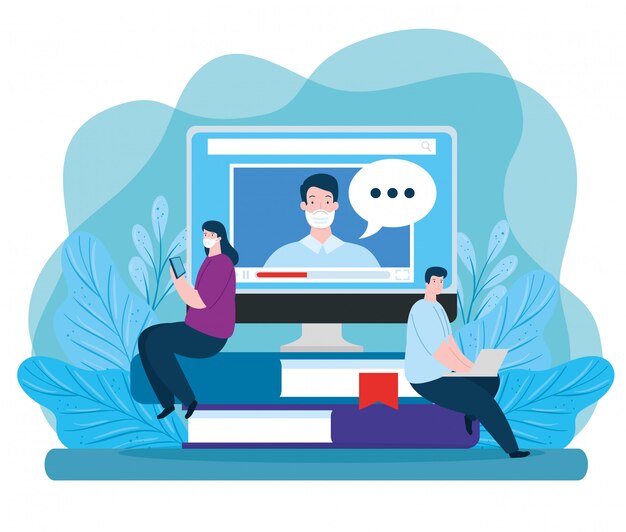 Pareja en educación en línea con diseño de ilustración de iconos