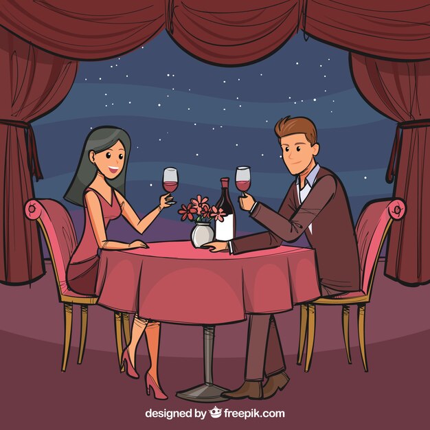 Pareja elegante cenando dibujado a mano