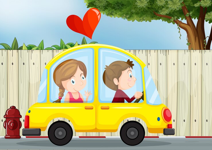 Vector gratuito pareja de enamorados dentro del auto amarillo