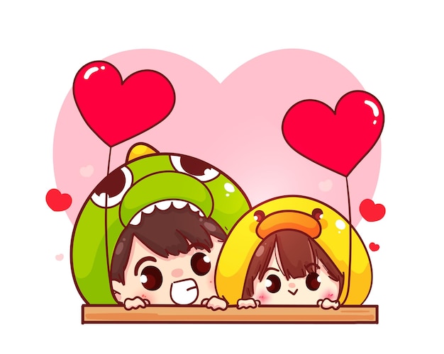 Vector gratuito pareja de enamorados sosteniendo globo en forma de corazón, feliz día de san valentín, ilustración de personaje de dibujos animados