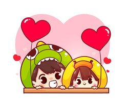 Vector gratis pareja de enamorados sosteniendo globo en forma de corazón, feliz día de san valentín, ilustración de personaje de dibujos animados