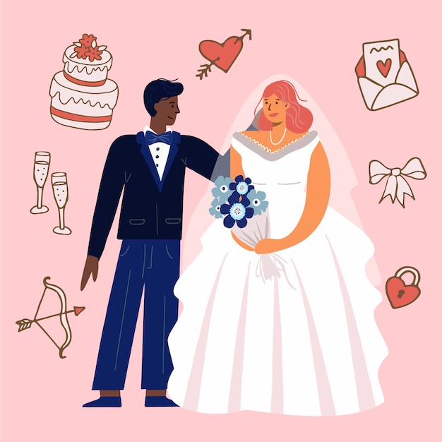 Vector gratuito pareja encantadora boda acuarela