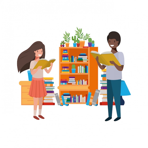 Pareja de estudiantes con libro de lectura en las manos