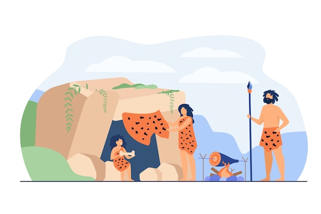 Pareja de familia prehistórica y niño con pieles de leopardo, cocinando comida en la entrada de la cueva. ilustración vectorial para la edad de piedra de los pueblos antiguos, concepto de cena de hombre de las cavernas