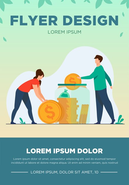 Pareja familiar ahorrando dinero. Hombre y mujer insertando dinero en efectivo en un frasco de vidrio. Ilustración de vector de finanzas, depósito, economía, inversión, banca, concepto
