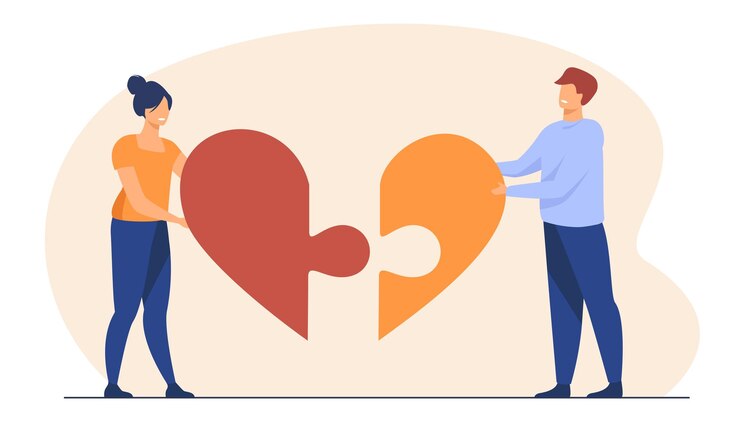 Vector gratuito pareja feliz conectando piezas de corazón juntas