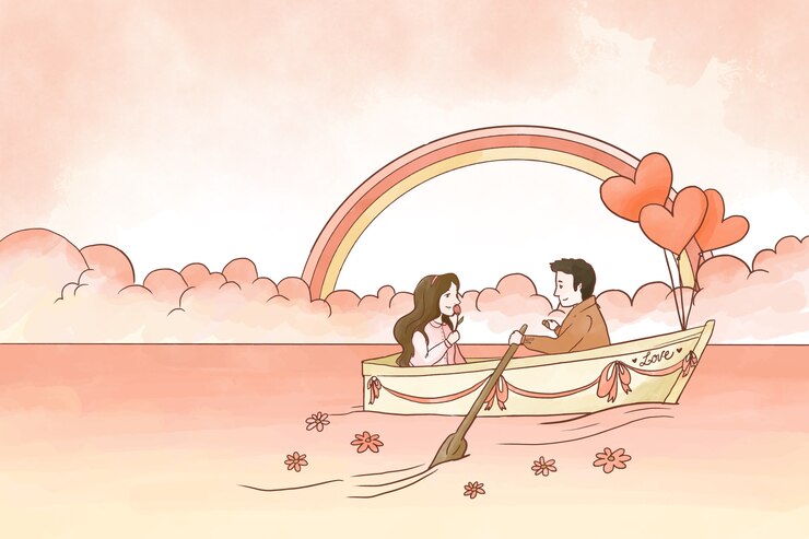 Vector gratuito pareja feliz en un fondo de san valentín de barco