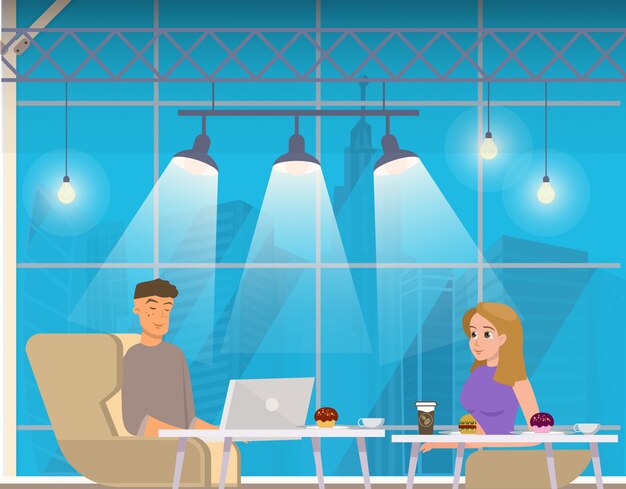 Pareja Freelance con Laptop, Café en Coworking