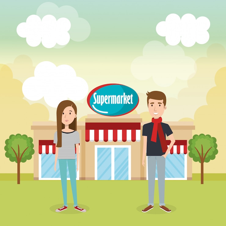 Vector gratuito pareja fuera del supermercado edificio escena