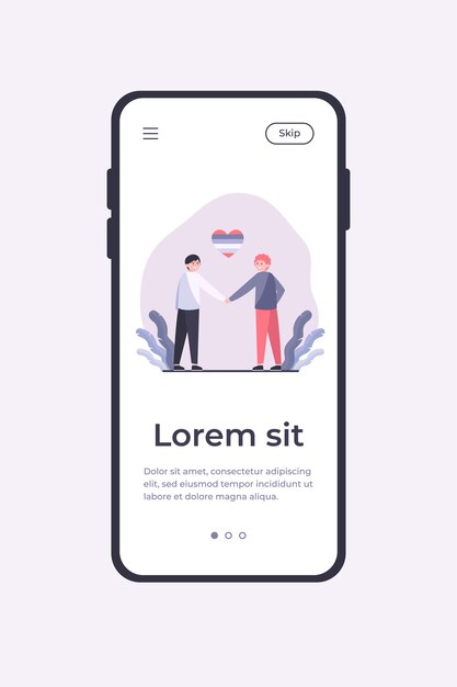 Pareja gay masculina con corazón de arco iris. Hombres alegres cogidos de la mano ilustración vectorial plana. Homosexualidad, LGBT, concepto de desfile del orgullo gay para banner, diseño de sitios web o página de destino