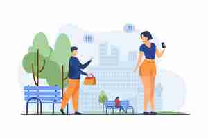 Vector gratuito pareja haciendo conocido en el parque de la ciudad. hombre devolviendo el bolso olvidado a la ilustración de vector plano de mujer. conocido en lugar público, citas