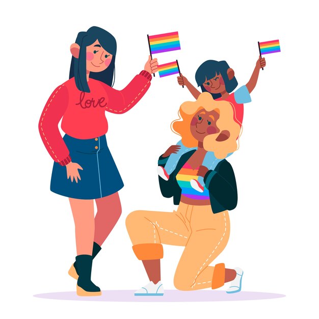 Pareja ilustrada y familia en el diseño del día del orgullo