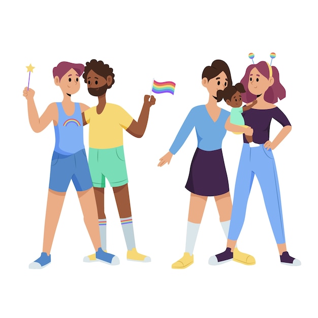 Pareja ilustrada y familia sobre el tema del día del orgullo