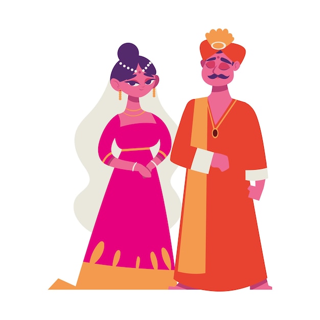 Vector gratuito pareja india en icono de ropa de boda aislado