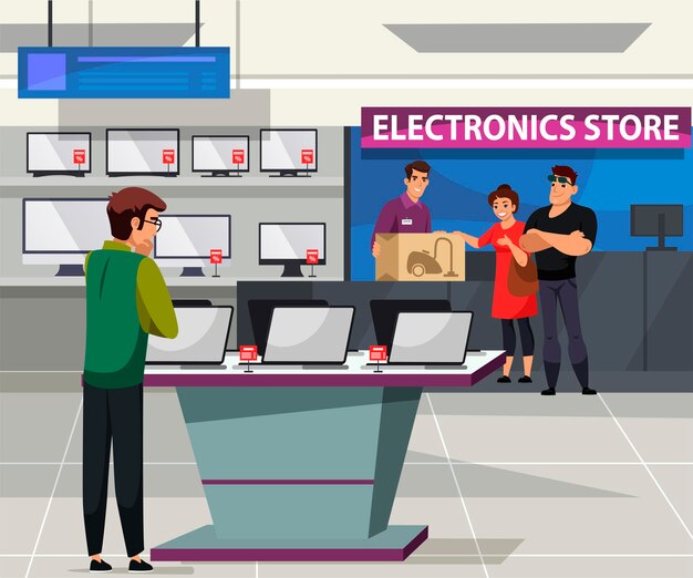 La pareja interior de la tienda electrónica compra asistente de electrodomésticos para el pago y empaque Hombre en el departamento de la tienda estantes gadgets surtido descuento venta minorista producto tecnológico
