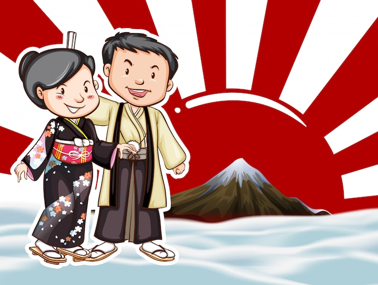 Vector gratuito pareja japonesa con vista a la montaña