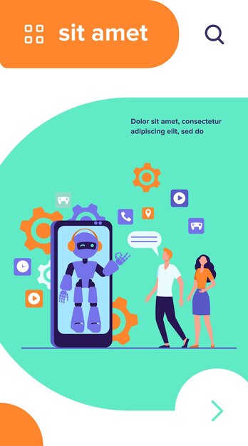 Pareja joven charlando con asistente robótico en la pantalla del teléfono inteligente. Chatbot ayudando a los clientes con sus problemas