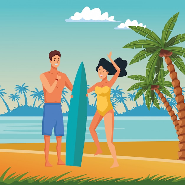 Pareja joven disfrutando de dibujos animados de verano