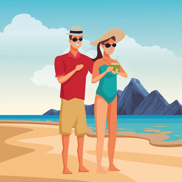 Pareja joven disfrutando de dibujos animados de verano
