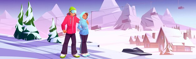 Pareja joven en la estación de esquí, hombre y mujer en ropa de invierno abrazándose en la colina nevada con montañas, cabañas y fondo funicular, gente relajante, actividad al aire libre, ilustración vectorial de dibujos animados