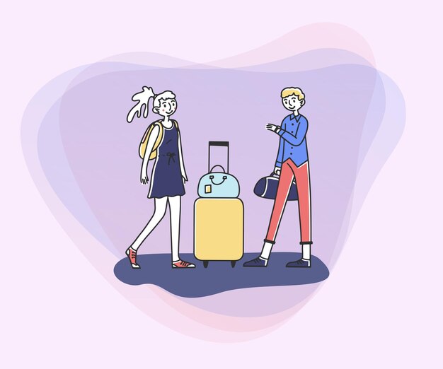 Una pareja joven con maleta y bolsas que van de viaje.