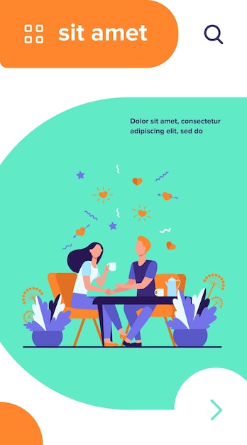 Vector gratuito pareja joven sentada en el restaurante juntos aislados ilustración vectorial plana. dibujos animados de chica romántica y chico tomando café en la fecha