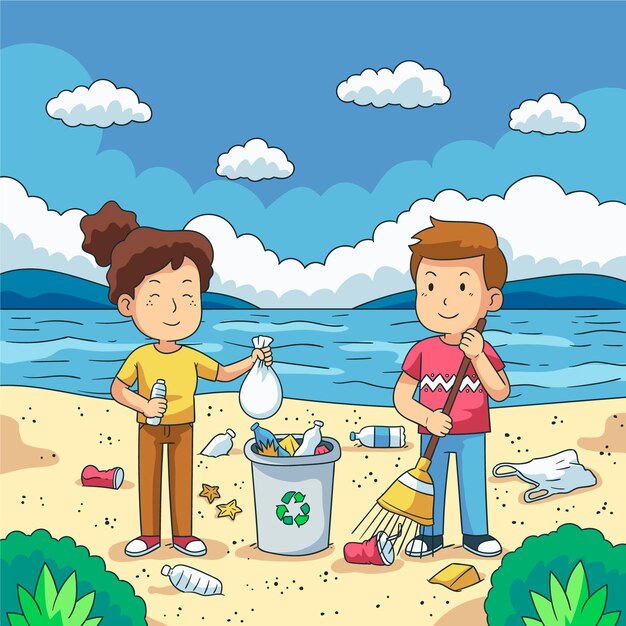 Pareja de jóvenes limpiando basura plástica en el paseo marítimo