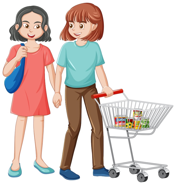 Vector gratuito pareja lesbiana, manos de valor en cartera, con, carrito de compras