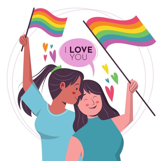 Pareja de lesbianas con bandera lgbt ilustrada