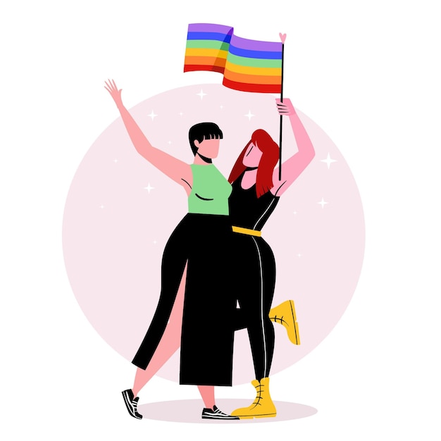 Vector gratuito pareja de lesbianas con bandera lgbt ilustrada