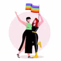 Vector gratuito pareja de lesbianas con bandera lgbt ilustrada