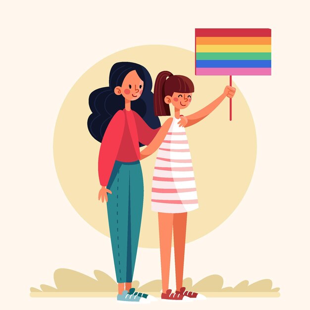 Pareja de lesbianas con bandera lgbt ilustrada