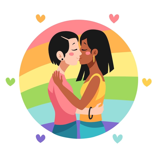 Vector gratuito pareja de lesbianas beso en estilo dibujado a mano