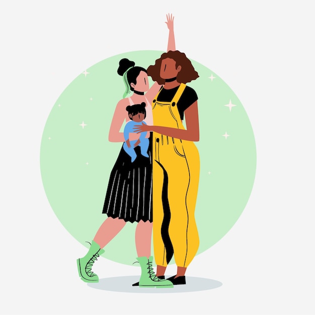 Vector gratuito pareja de lesbianas de diseño plano con niño