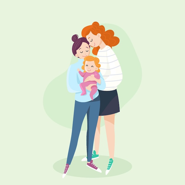 Vector gratuito pareja de lesbianas de diseño plano con niño