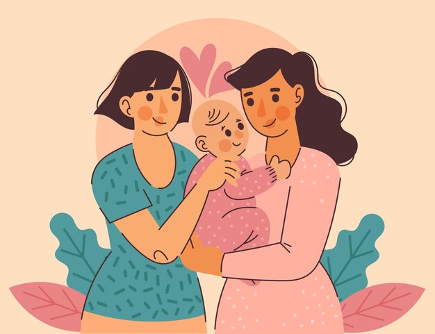Pareja de lesbianas de diseño plano con su hijo