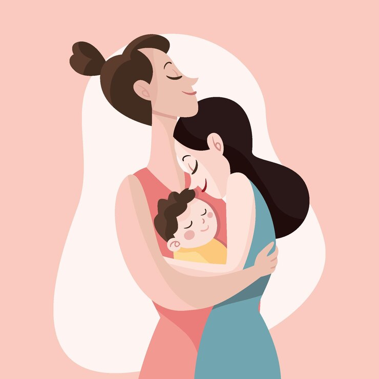 Vector gratuito pareja de lesbianas de diseño plano con su hijo
