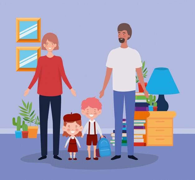 Pareja de maestros con niños pequeños estudiantes en la habitación
