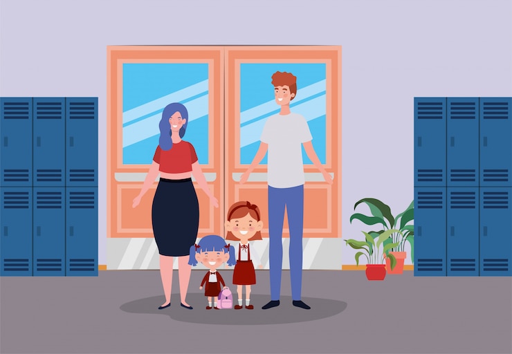 Vector gratuito pareja de maestros con niños pequeños estudiantes en el pasillo de la escuela