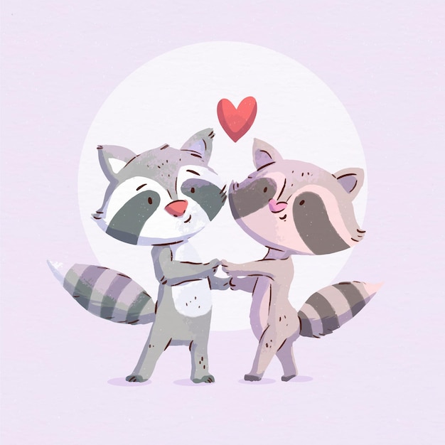 Vector gratuito pareja de mapaches plana de san valentín