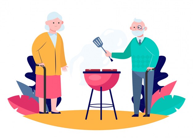 Pareja mayor, cocina, barbacoa, carne, en, jardín