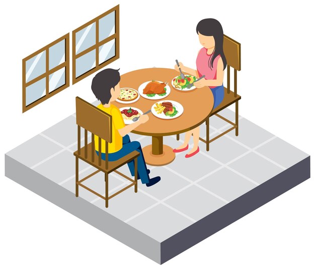 pareja, mesa de comedor, isométrica