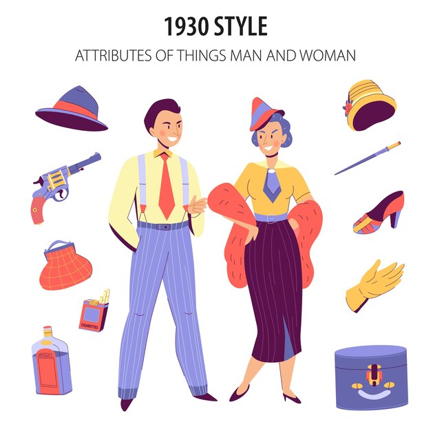 Pareja de moda vestida con la ilustración de estilo de la década de 1930