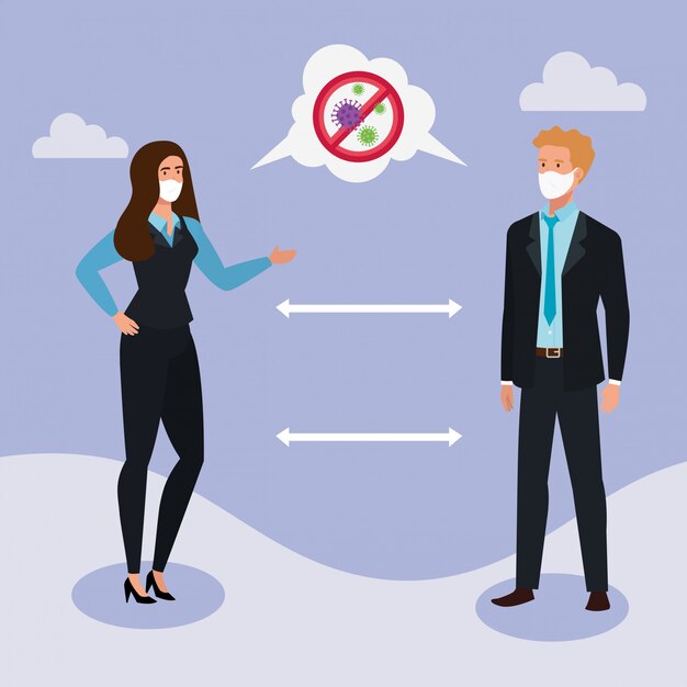 Pareja de negocios usando mascarilla y distanciamiento social para covid19