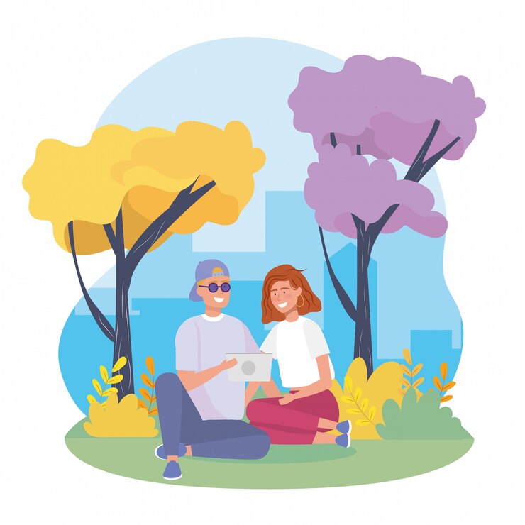 Vector gratuito pareja de niña y niño con arbustos plantas y árboles