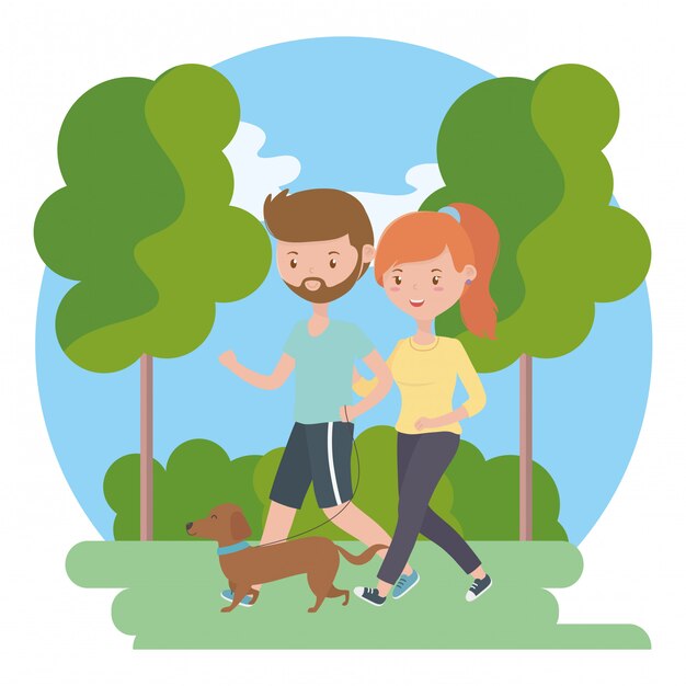 Pareja de niño y niña con perro