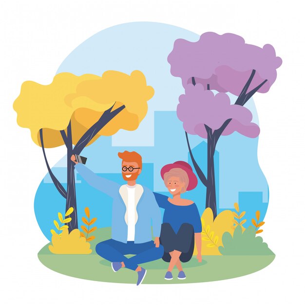 Pareja de niño y niña con plantas de árboles y arbustos.