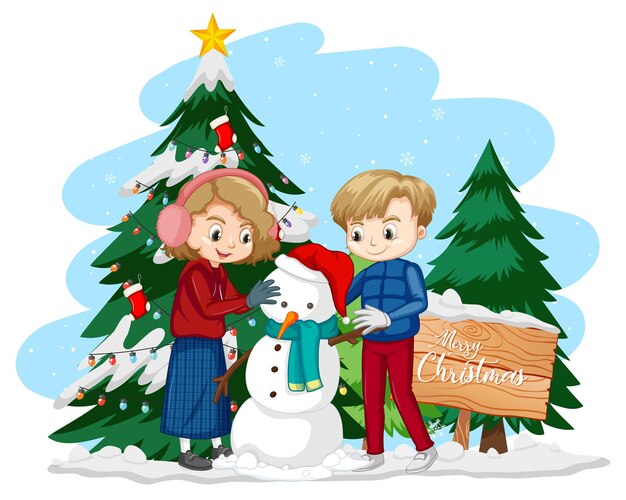Pareja de niños construyendo un muñeco de nieve junto con un árbol de Navidad