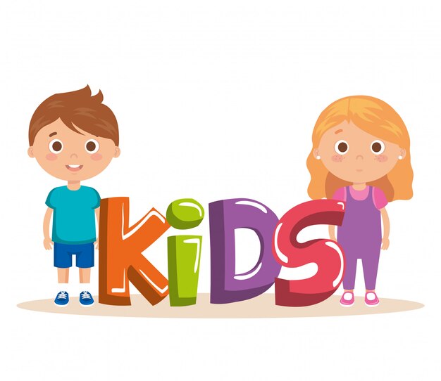 Pareja de niños pequeños con caracteres de palabras